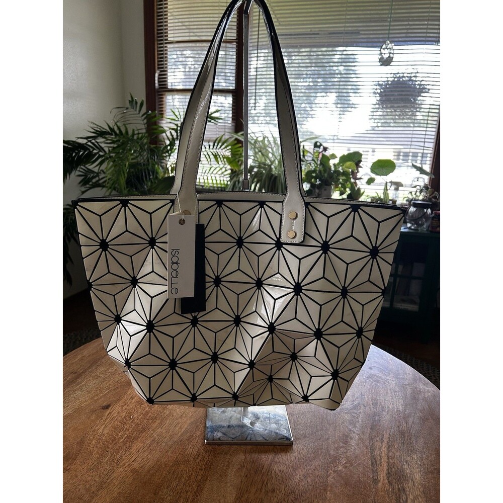 Isabelle Ivory Geometric Tile  Handbag  Handle Tote Multi Pocket Top Zip New